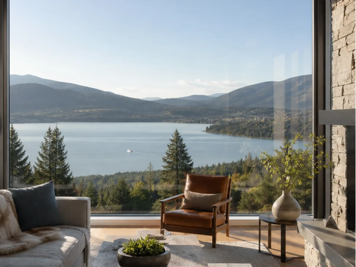 Clear picture window overlooking Shuswap lake and forested hills near Salmon Arm